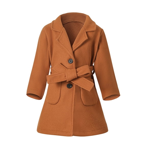 Wuxian Girls Wool Overcoat Solid Color Long Sleeve Dress Coat Button Peacoat Notch Lapel Outerwear With Belt Pockets Winter Thick Warm Jacket ,Brown,3-4 Years
