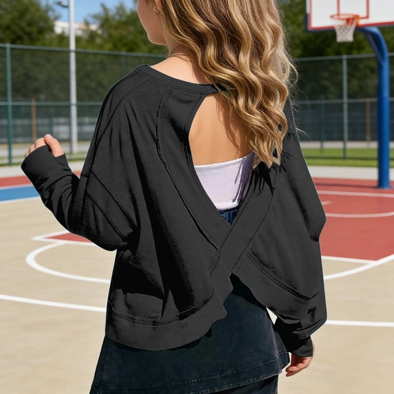Wuxian Girls Youth Shirts Loose Fit Long Sleeve Cropped Top Solid Color Oversized Crewneck Casual Blouse Backless Summer Fashionable Basic Breathable Cozy Lightweight Tee Blouse,Black,5-6 Years