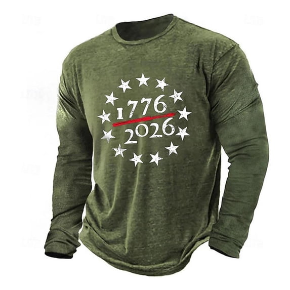 Wuxian Graphic Tshirts For Men Independence Day Long Sleeve T Shirt Summer Blouse Crew Neck USA Years Letter Striped Stars Print Celebrate America'S 250Th Anniversary Top Tees ,Army Green,S