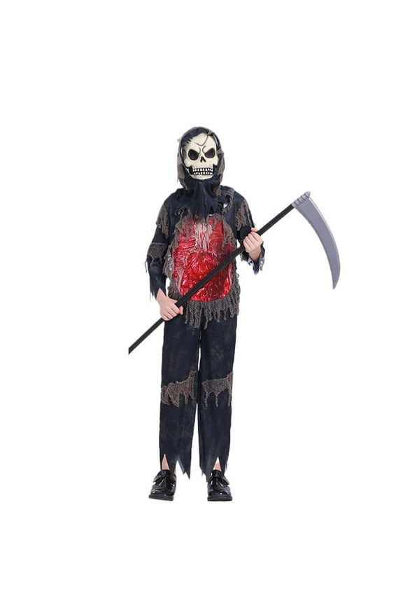 Halloween Fall Clothes Toddler Boy Halloween Grim Reaper Clothing For Kids Glow In The Dark Halloween Phantom Jumpsuit With Scythe Belt,Skull Mask And Glove,Black,5-7 Years