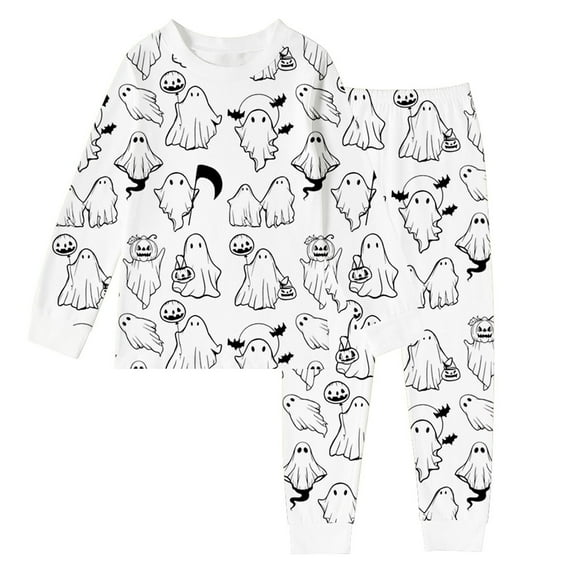 Wuxian Halloween Pajamas Kids 2-Piece Pajamas Sleepwear Pjs Sets Long Sleeve Funny Jammies Print Comfort Pajama,White,4-5 Years