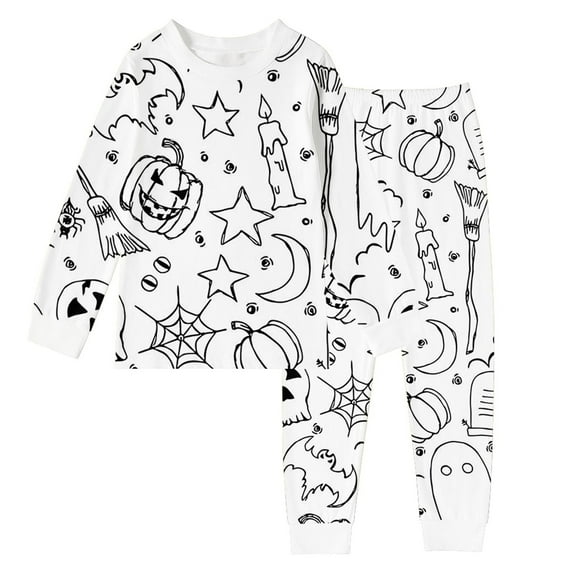 Wuxian Halloween Pajamas Kids Fall Homewear Crew Neck Long Sleeve Pajamas Sets Toddler Cartoon Printed Pjs Kids Sleepwears Comfort Soft Pajama,White,2-3 Years