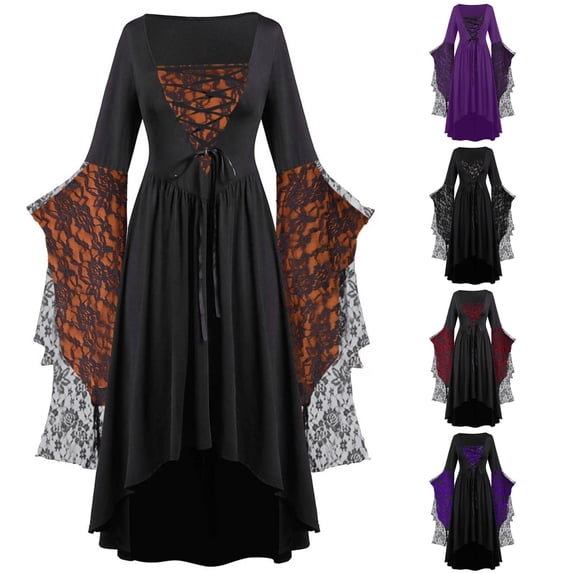 Wuxian Halloween Womens Dresses, Lace Floral Bell Long Sleeve High-Low Dress, Gothic Clothes For Women, Vintage Witches Dress