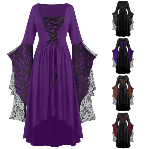 Wuxian Halloween Womens Dresses, Lace Floral Bell Long Sleeve High-Low Dress, Gothic Clothes For Women, Vintage Witches Dress