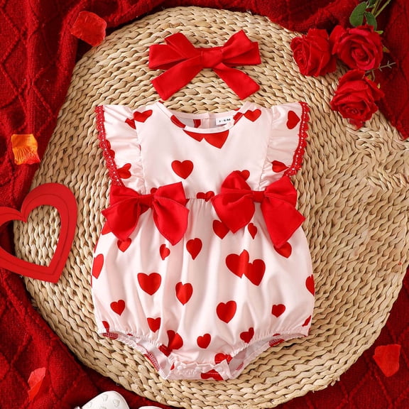 Wuxian Holiday Outfits Cute Bows Heart Print Ruffles Sleeveless Romper Jumpsuit One-Piece Bodysuits Headbands Set Cute Winter Outfits,Red,0-3 Months