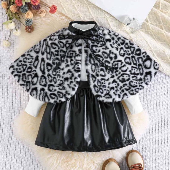 Wuxian Holiday Outfits Stylish Leopard Print Plush Cardigan Jacket Long Sleeve Shirt Layered And Leather Pleated Skirt Three Piece Fashion Sweat Set For Toddler,Black,2-3 Years