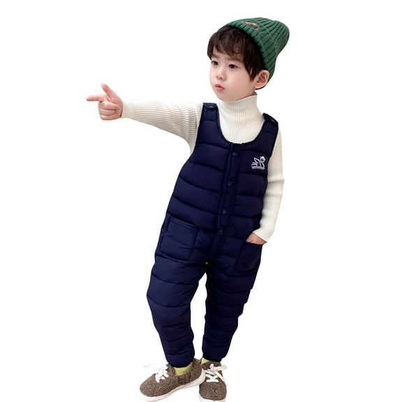 Wuxian Holiday Outfits Thick Padded Snowsuit Sleeveless Solid Button Down Jumpsuit Wadded Suspender Ski Pants Overalls Trousers Warm Soft Cute Winter Outfits,Navy,3-4 Years