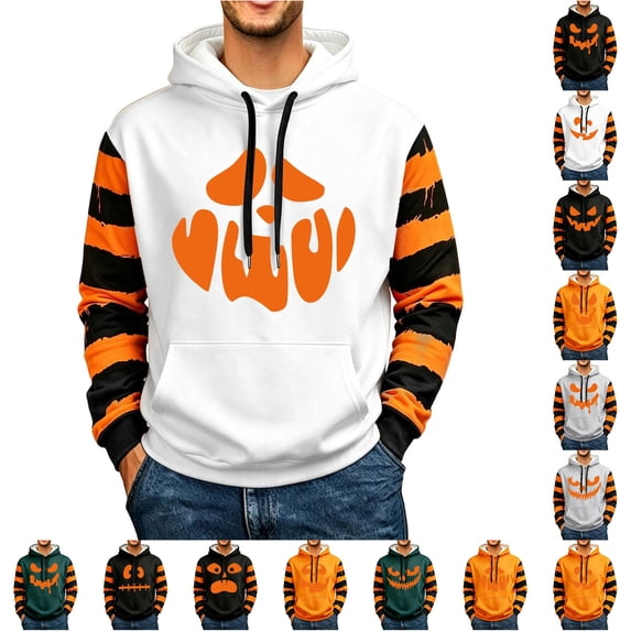 Wuxian Hoodies For Men Halloween Striped Long Sleeve Sweatshirts Pumpkin Face Print Drawstring Pullover Tops