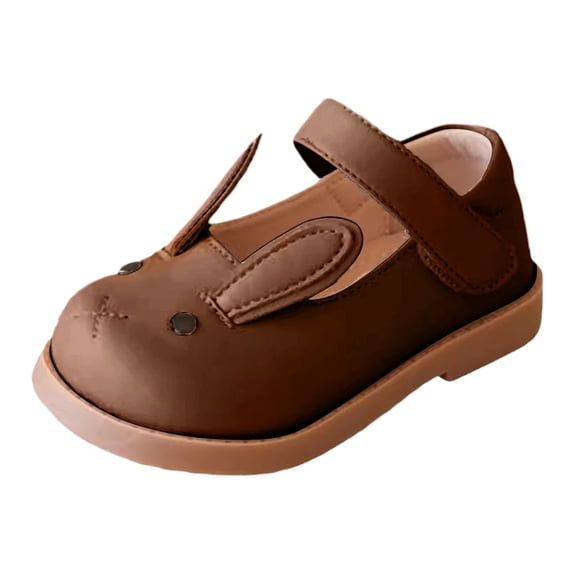 Wuxian Girls Toddler Dress Shoes Solid Color Cute Cartoon Bunny Pattern Soft Sole Mary Jean Sandals Leather Hook And Loop Strap Footwear Wedding Party Birthday Dailywear,Brown,18-24 Months
