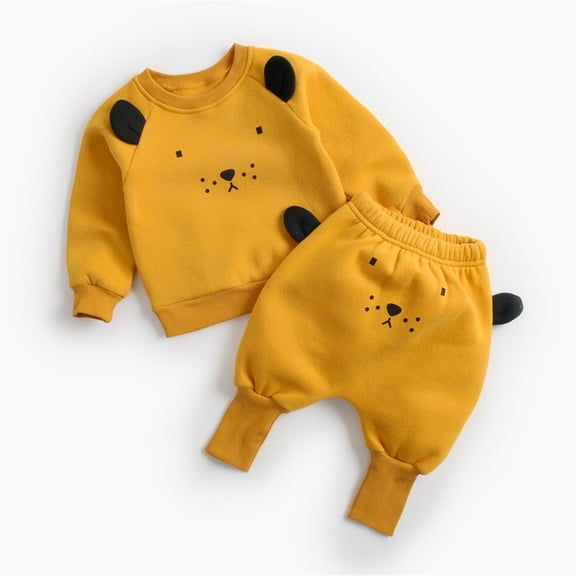 Wuxian Kids Boys Fall Winter Basic Clothes Sets Casual Crewneck Solid Color Long Sleeve Pullover Sweatshirt And Sweatpants 2 Piece Loose Fit Warm Outfits,Yellow,6-12M