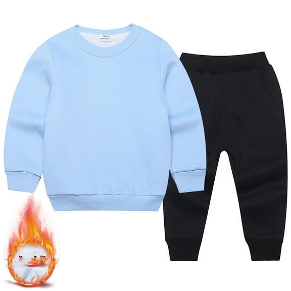 Wuxian Kids Boys Fall Winter Basic Clothes Sets Casual Crewneck Solid Color Long Sleeve Pullover Sweatshirt And Sweatpants 2 Piece Loose Fit Warm Outfits,Sky Blue,6-7T