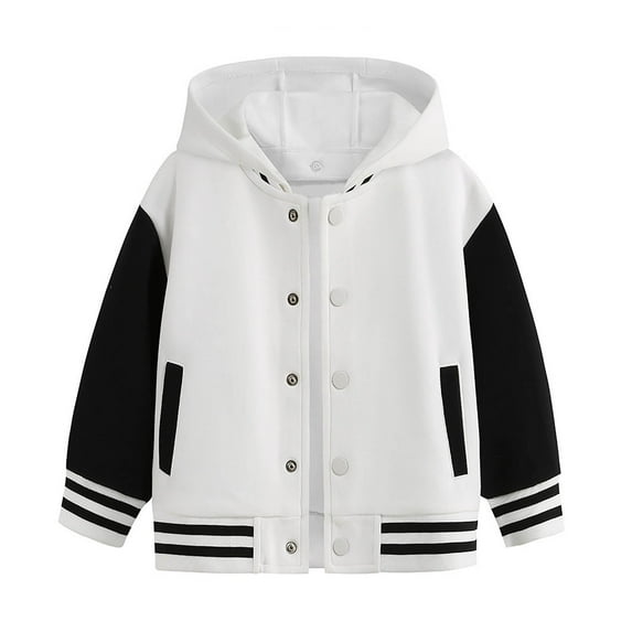 Wuxian Kids Boys Girls Coat Hooded Varsity Jacket Color Block Baseball Jacket Bomber Coat School Uniform With Pocket Coats,White,9-10 Years