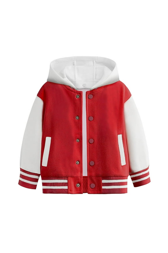 Kids Boys Girls Coat Hooded Varsity Jacket Color Block Baseball Jacket Bomber Coat School Uniform With Pocket Outerwear,Red,9-10 Years