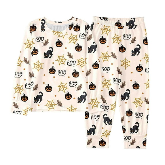 Wuxian Kids Boys Girls Halloween Clothes Pajamas Skeleton Glow-In-The-Dark Cotton Homewear Long Sleeve Round Neck Halloween Pumpkin Outfit,Beige,8-9 Years