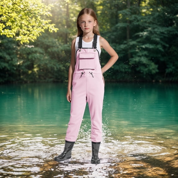 Wuxian Kids Chest Waders Solid Color Cartoon Print Sleeveless Youth Fishing Waders With Boots Waterproof Boys Girls Breathable Suspender Trousers Lightweight Bootfoot Sets,Pink,6.5-7 Years