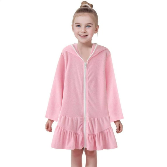 Wuxian Kids Child Swim Cover Up Solid Color Long Sleeve Hoodies Swimsuit Dresses Full Zip Up Ruffles Fashionable Bathing Suit Soft Breathable Bathrobe Beach Dress Easter Dress,Pink,7-8 Years