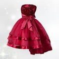 thumbnail image 1 of Wuxian Kids Children Elegant Formal Birthday Dresses Sleeveless Round Neck Sequins High Waist Big Bow Belt Mesh Tiered Dress Stylish Glitter Wedding Princess Tulle Gowns Prom Dresses,Red,7-8 Years, 1 of 7