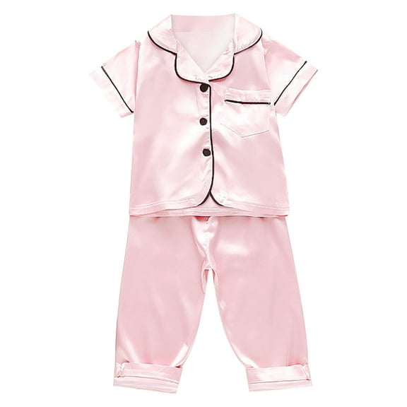 Wuxian Kids Christmas Outfit 2 Piece Satin Silk Short Sets Home Clothing Cartoon Print Leopard Short Sleeves Button Down Classic Blouse Shirts Shorts Lightweight Sleep Set,Pink,2-3 Years