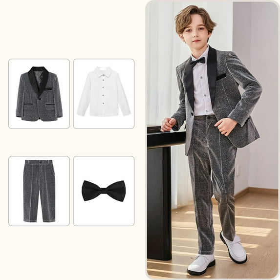 Wuxian Kids Christmas Outfit Boys Formal Suits Four Piece Shirt Tuxedo Gentlemen Solid Color Jacket Shirts Trousers Bowtie Wedding Party Activist Dress Wear Fall Winter Outfits,Grey,9-10 Years