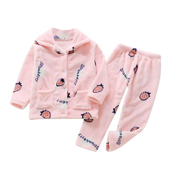 Wuxian Kids Christmas Outfit Fashionable Lovely Cartoon Strawberry Print Thick Fuzzy Button Top Coats Pants 2 Piece Winter Warm Home Wear Sleeping Clothing Suit,Pink,5-6 Years