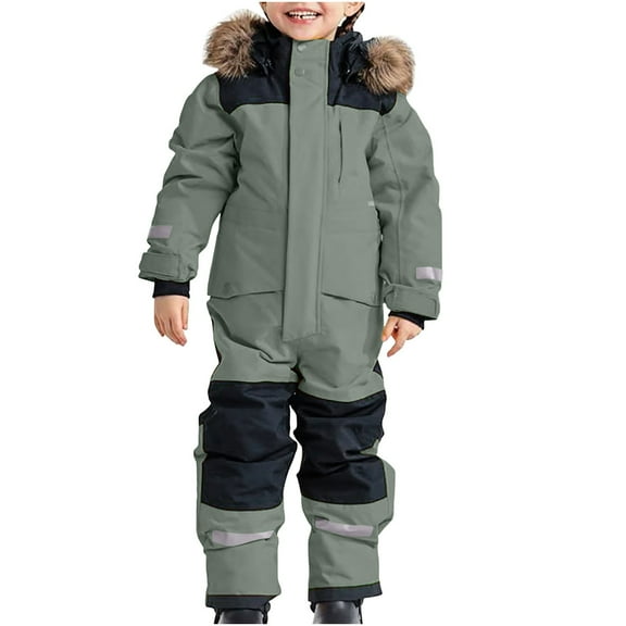Wuxian Kids Christmas Outfit One-Piece Snowsuit Thick Lined Removable Plush Hooded Windbreaker Long Sleeve Ski Suit Thermal Waterproof Ski Overall Outwear Fall Winter Outfits,Blue,4-5 Years