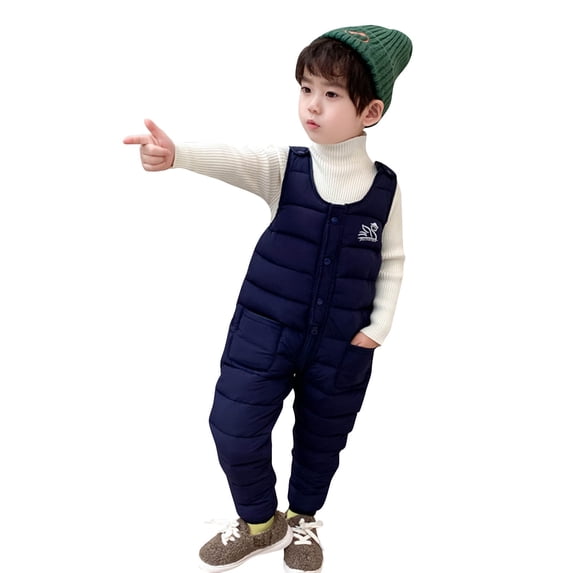 Wuxian Kids Christmas Outfit Thick Padded Snowsuit Sleeveless Solid Button Down Jumpsuit Wadded Suspender Ski Pants Overalls Trousers Warm Soft Fall Winter Outfits,Navy,4-5 Years