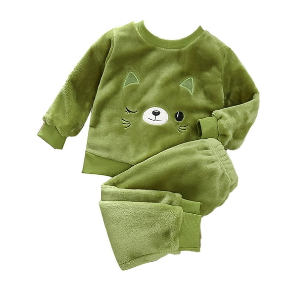 Wuxian Kids Christmas Outfit Winter Plush Lined Thick Warm Sleeping Clothes Cute Cartoon Pattern Long Sleeve Round Neck Pullovers Pants Fuzzy Sweatsuits Girls' Clothing Sets,Green,3-4 Years