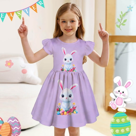 Wuxian Kids Dresses Cute Cartoon Easter Bunny Print Short Sleeve Ruffles Crewneck High Waist Flutter Sleeve Party Dress For Baby Floral Casual Sundress Prom Dresses For Teens,Purple,3-4 Years