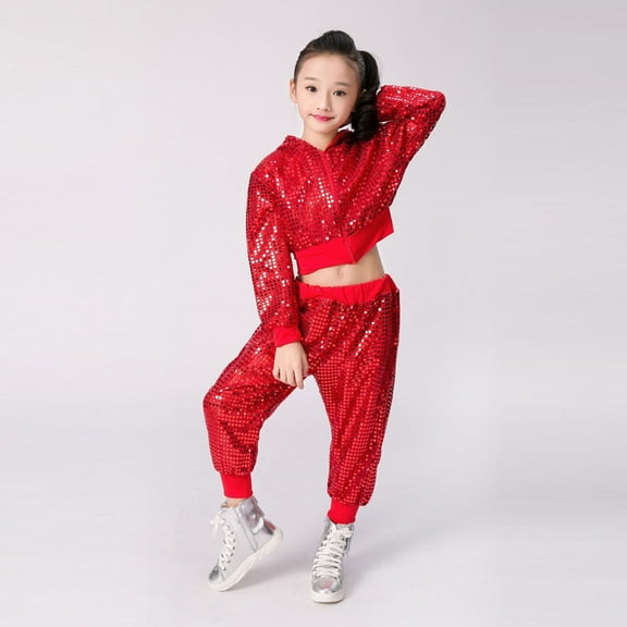 Wuxian Kids Fall Outfits Sequin Glitter Zip Up Hoodie Long Sleeve Jacket And Joggers Party Performance Gown Dance Wear Sweatsuit Clothing Sets,Red,18-24 Months