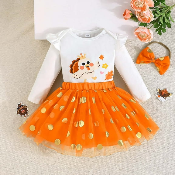 Wuxian Kids Fall Outfits Thanksgiving Skirt Set Long Sleeve Cartoon Print Bodysuit Tutu Skirt Headband Three Piece Sweatsuit Clothing Sets,White,3-6 Months