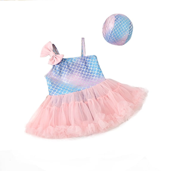 Wuxian Kids Girls 2 Piece Swimwear Tankini Set Gradient Sleeveless Round Neck Ruffled Tiered Mesh Tutu Skirts Swimsuit With Swim Cap Beachwear Fashionable Beach Pool Bathing Suit,Pink,18-24 Months