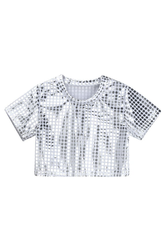 Kids Girls Tops Shiny Metallic T Shirt Short Sleeve Sequin Glitter Loose Tops For Performance Party Jazz Dance Tshirt,Silver,18-24 Months