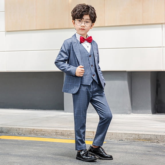 Wuxian Kids Outfits Boys Formal Suits Four Piece Shirt Tuxedo Gentlemen Solid Color Jacket Shirts Trousers Bowtie Wedding Party Activist Dress Wear Clothing Sets,Grey,3-4 Years