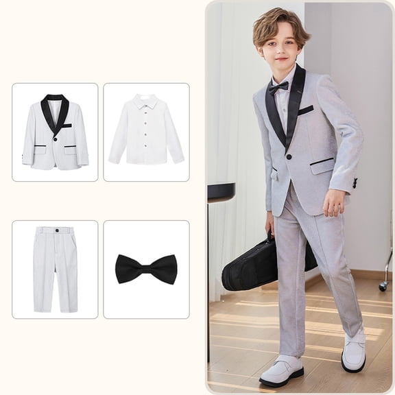 Wuxian Kids Outfits Boys Formal Suits Four Piece Shirt Tuxedo Gentlemen Solid Color Jacket Shirts Trousers Bowtie Wedding Party Activist Dress Wear Sweat Set For Toddler,Beige,9-10 Years