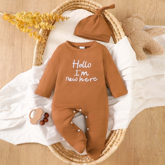 Wuxian Kids Outfits Solid Color Fashion Jumpsuit Long Sleeve Letter Embroider Round Neck Romper Bodysuit Cute Hat Set Sweat Set For Toddler,Brown,6-12 Months
