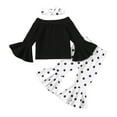 thumbnail image 1 of Wuxian Kids Outfits Solid Color Flare Sleeve Off-Shoulder Long Sleeve T Shirt Tops Polka Dot Leopard Printed Flared Pants Headbands Sweat Set For Toddler,Black,2-3 Years, 1 of 8