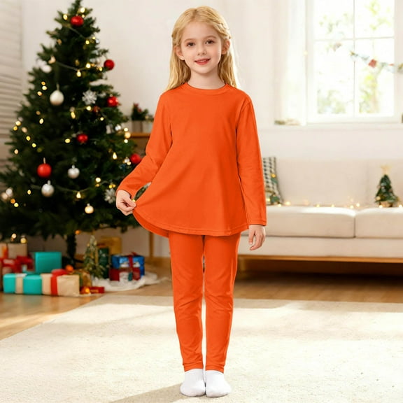 Wuxian Kids Outfits Solid Color Sleep Set Layered Crewneck Long Sleeve Top Shirt And Trousers Tracksuit Casual Soft Daily Wear Sweat Set For Toddler,Orange,11-12 Years