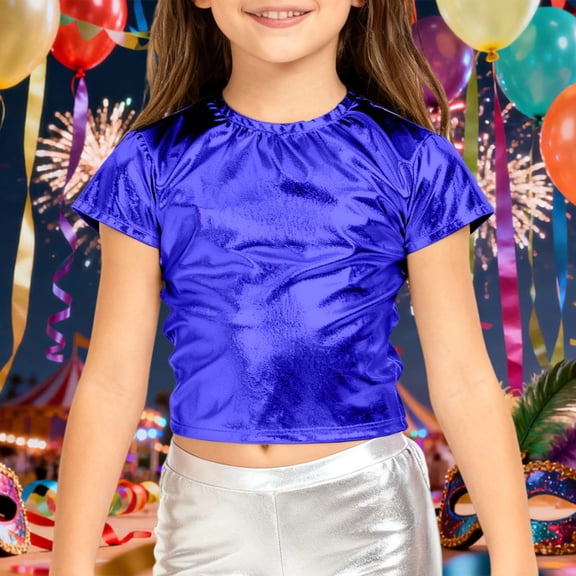 Wuxian Kids Shirt Shiny Sequins Shirts Sleeveless Round Neck Crop Top Performance Party Glitter T-Shirt Comfort Fit Fashion Streetwear Athletic Baggy Tops,Blue,10-11 Years