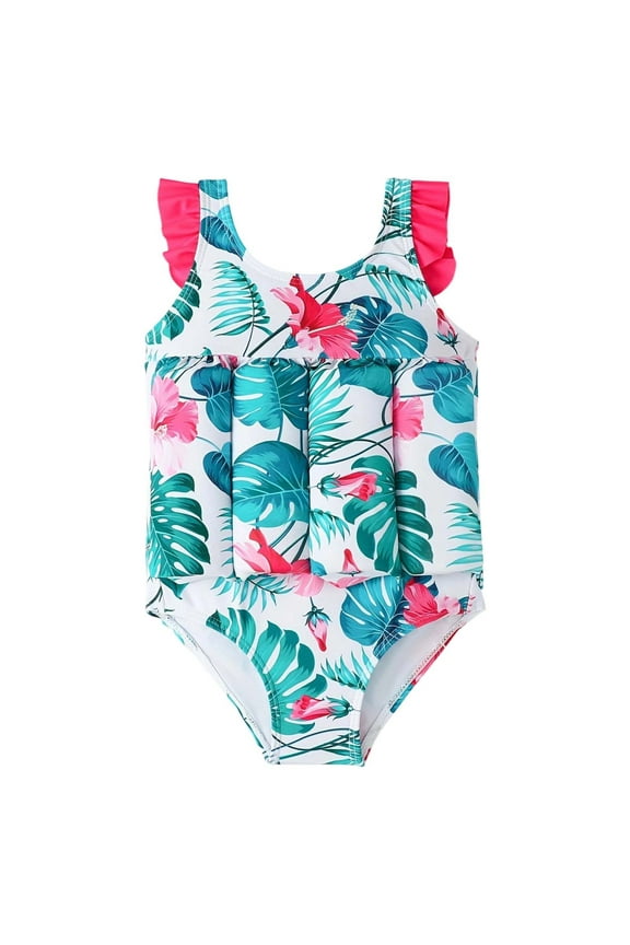 Kids Swimsuits Floral Print Ruffles Floatation Swimsuit Lightweight Swim Vest Buoyancy Life Sun Protection Bathing Suit,White,9-12 Months