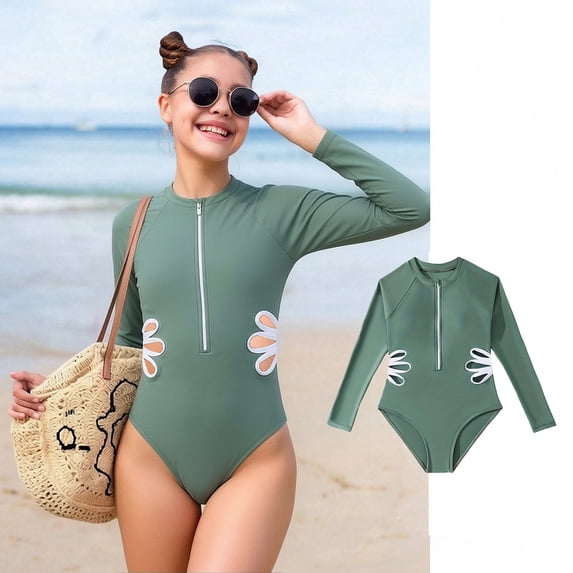 Wuxian Kids Teen Girls One Piece Swimwear Long Sleeve Solid Color Floral Cutout Zip Up Round Neck Rash Guard Romper Swimsuit Upf 50+ Pool Beach Trendy Bathing Suit,Army Green,10-11 Years