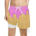 thumbnail image 1 of Wuxian Kids Teens Boys Swim Trunks Ice Cream Print Drawstring Elastic Wide Leg With Liner Summer Beach Pool Swimwear Color Block Soft Graphic Quick Dry Upf 50+ Bathing Suit,Purple,5-6 Years, 1 of 3