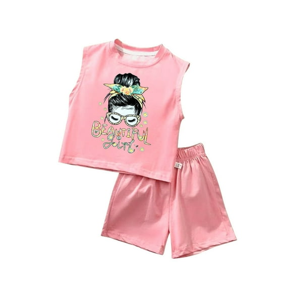 Wuxian Kids Toddler Infant Summer Short Outfits Fishion 2 Piece Set Cute Print Classic Round Neck Sleeveless Tank Top And Shorts Casual Soft Breathable Comfortable Outfit Suit,Pink,3-4 Years