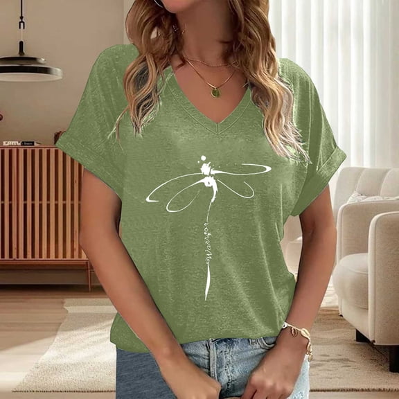 Wuxian Ladies Fashion Casual T Shirt Short Sleeve Loose V Neck Comfortable Soft Stylish Dragonfly Print Pullover Oversized Breathable Tee Top For Women Basic Fashion Dressy Clothes,Green,XL