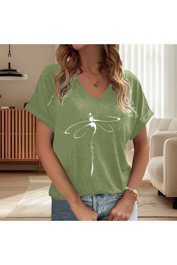 Ladies Fashion Casual T Shirt Short Sleeve Loose V Neck Comfortable Soft Stylish Dragonfly Print Pullover Oversized Breathable Tee Top For Women Streetwear,Green,M