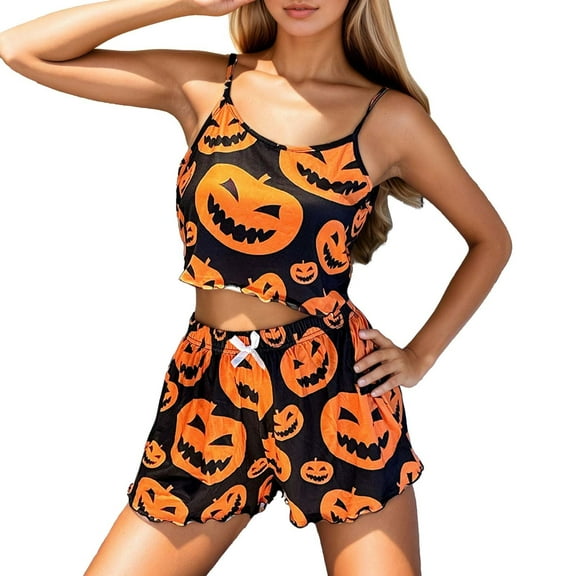 Wuxian Ladies' Halloween Pajamas Set 2 Piece Set Spaghetti Strap Funny Pumpkin Ghost Printed And Shorts Sleepwear Suite For Women Comfortable Soft Home Wear,L