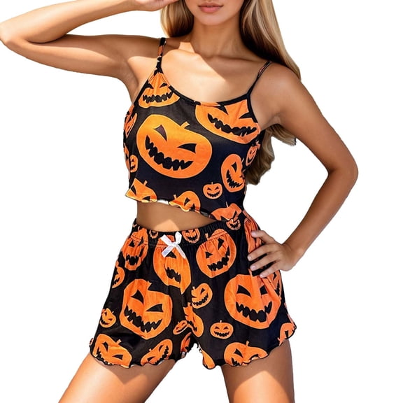 Wuxian Ladies' Halloween Pajamas Set 2 Piece Set Spaghetti Strap Funny Pumpkin Ghost Printed And Shorts Sleepwear Suite For Women Comfortable Soft Home Wear,XL