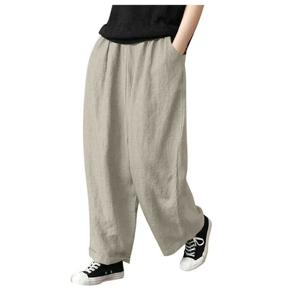 Wuxian Linen Pants Women Baggy High Waisted Wide Leg Solid Color Drawstring Elastic Trousers Comfy Straight Leg Long Loose Fit Summer Flowy Palazzo Pants,Beige,XL