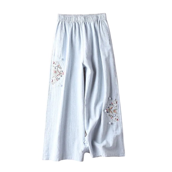 Wuxian Linen Pants Women Baggy High Waisted Wide Leg Solid Color Flower Embroidery Drawstring Elastic Trousers Comfy Straight Leg Long Loose Fit Summer Palazzo Pants,Blue,XXL