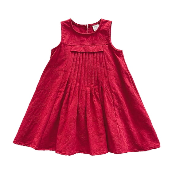 Wuxian Little Big Girls Summer A-Line Dresses Round Neck Sleeveless Solid Color Loose Fit Casual Breathable Pleated Ruffles Casual Dailywear Ruched Sundress,Red,5-6 Years