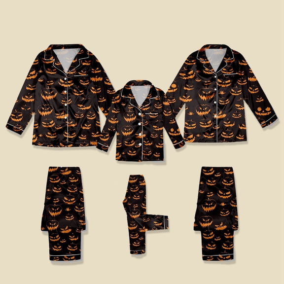 Wuxian Matching Family Halloween Pajamas Funny Pumpkin Print Button Up Long Sleeve Satin Blouse And Trousers Sleepwear Comfortable Lightweight Loungewear Outfit For Mom,Black,M